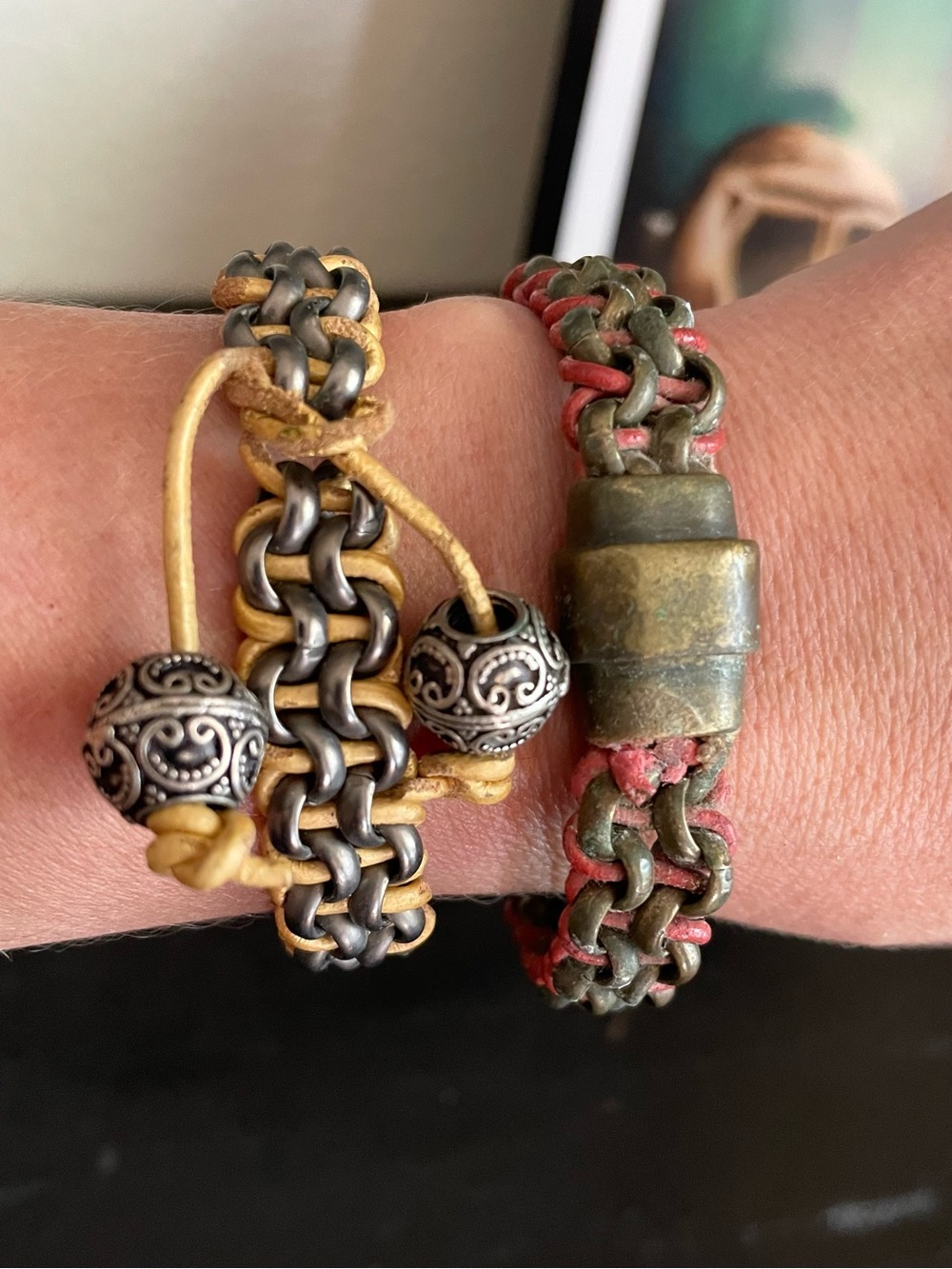 2 Handcrafted Leather, Metal & Brass Woven Chainmaille Bracelets S